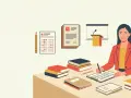 Frau am Schreibtisch mit Büchern, Prüfungsbogen und Stift. Sie arbeitet an ihrem Master ohne Bachelor NRW.