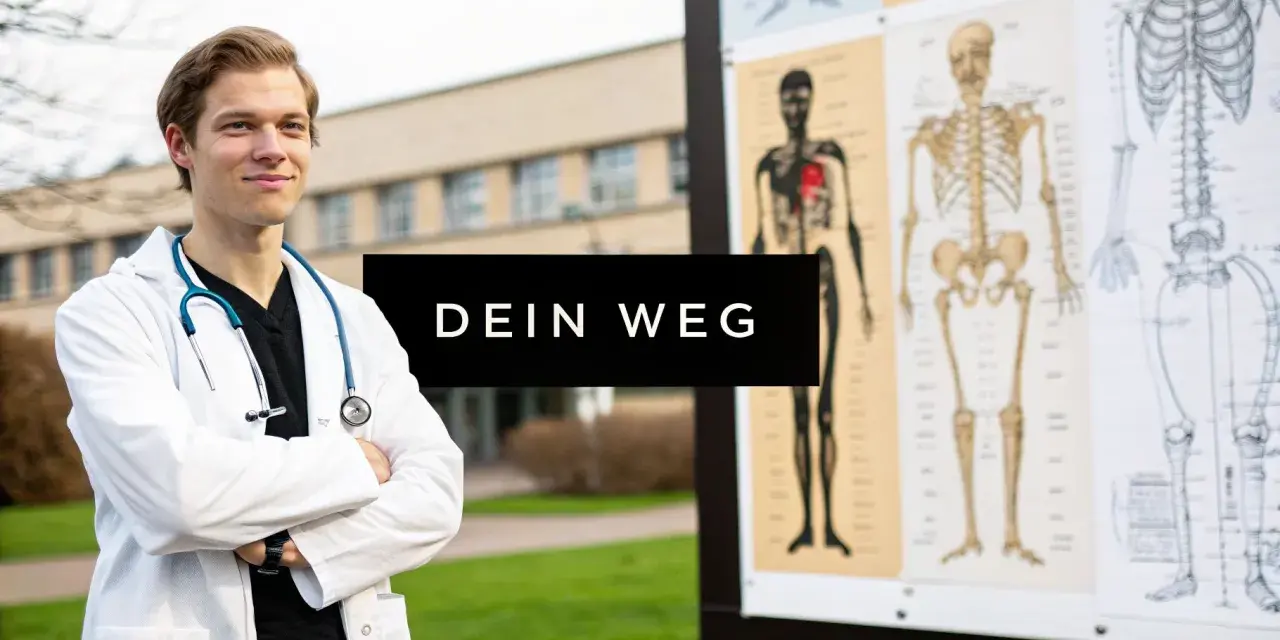 Junger Mann im Arztkittel mit Stethoskop vor anatomischen Tafeln. Sein Weg zum hochschul abschluss beginnt hier.