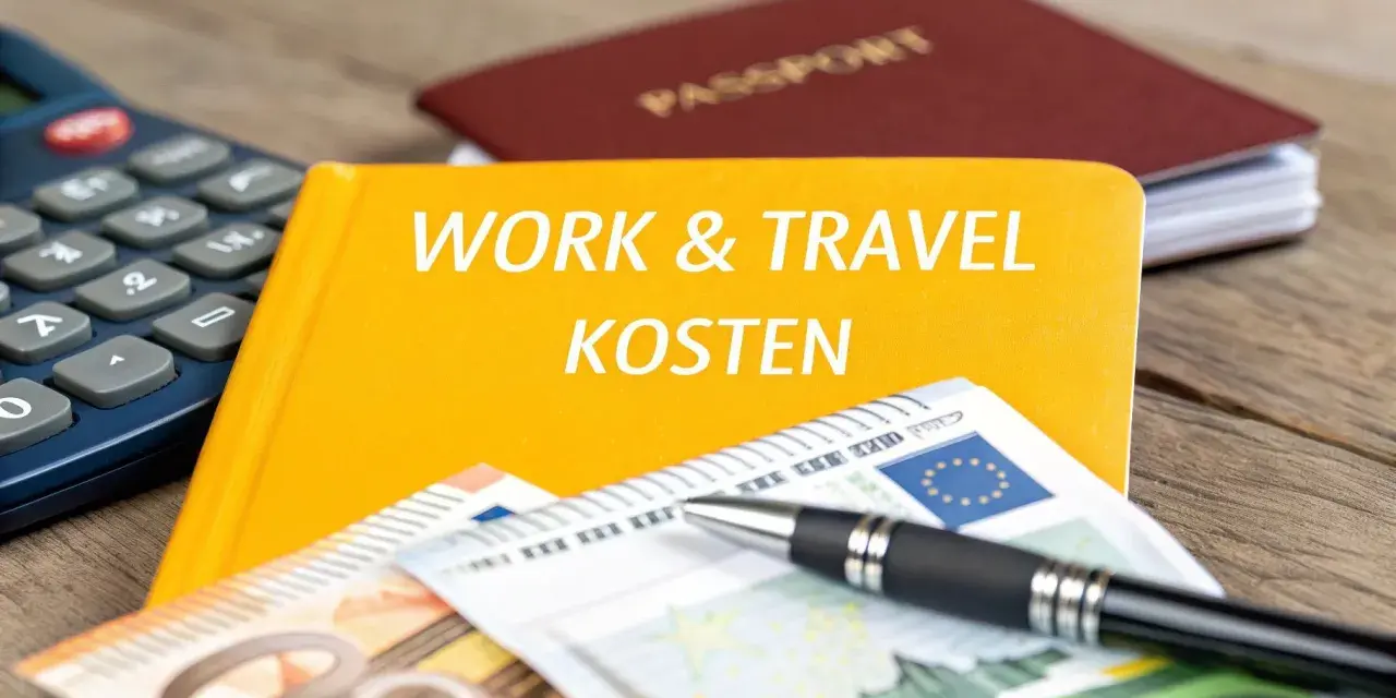 Ein gelbes Buch mit "WORK & TRAVEL KOSTEN" darauf, daneben ein Taschenrechner, Euro-Scheine, ein Stift und ein Reisepass.