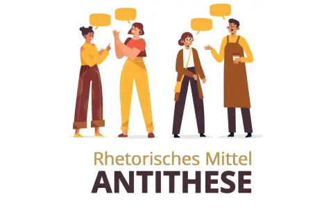 Vier Personen im Gespräch, die das rhetorische Stilmittel Antithese veranschaulichen.