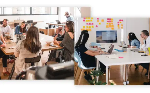 Menschen im **Kommunikationsdesign Studium** arbeiten in Teams an Projekten, tauschen Ideen aus und nutzen Laptops.