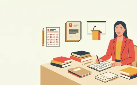 Frau am Schreibtisch mit Büchern, Prüfungsbogen und Stift. Sie arbeitet an ihrem Master ohne Bachelor NRW.