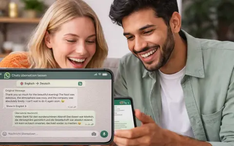Ein Paar lacht, während es eine WhatsApp-Nachricht auf Deutsch liest. Sie schätzen die einfache Kommunikation, die ihnen die deutsche Sprache ermöglicht.
