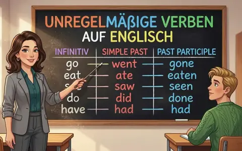 Lehrerin erklärt einem Schüler unregelmäßige verben englisch auf einer Tafel.