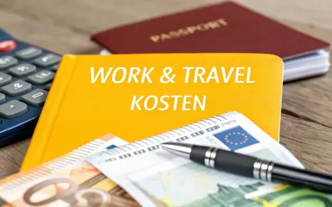 Ein gelbes Buch mit "WORK & TRAVEL KOSTEN" darauf, daneben ein Taschenrechner, Euro-Scheine, ein Stift und ein Reisepass.