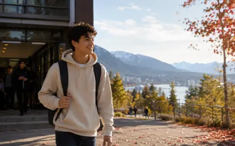Ein junger Mann mit Rucksack verlässt ein Gebäude, im Hintergrund Berge und Stadt. Perfekt für sein Auslandsjahr Kanada.