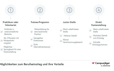 Vier Wege zum Berufseinstieg: Praktikum uni, Trainee, Junior-Stelle, Direktfestanstellung. Jede Option mit Vor- und Nachteilen.