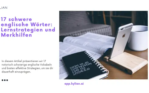 Lerne 17 schwere englische Wörter mit Strategien, um das schwerste englische Wort der Welt zu meistern. Ein iPhone und ein Notizbuch liegen neben einem Buch.
