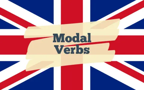 Die britische Flagge mit dem Text "Modal Verbs" auf einem hellgelben Band.