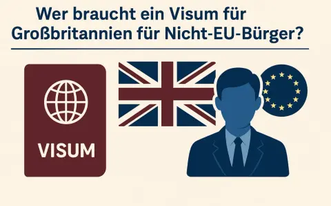 Visum für Großbritannien: Ein Nicht-EU-Bürger plant seinen Auslandsaufenthalt in England. Links ein Visum-Dokument, daneben die Union-Jack-Flagge und das EU-Symbol.