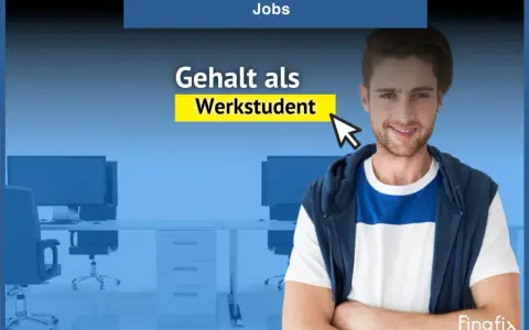 Ein junger Mann lächelt, während ein Mauszeiger auf "Gehalt als Werkstudent" zeigt. Im Hintergrund ein Büro.