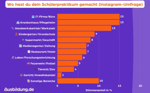 Balkendiagramm zeigt, wo Schüler Praktika machen: IT/Büro und Krankenhaus/Pflegeheim sind am beliebtesten.