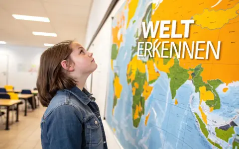 Ein Mädchen blickt auf eine Weltkarte mit der Aufschrift "Welt erkennen". Vielleicht plant sie ihren nächsten schuljahr im ausland.