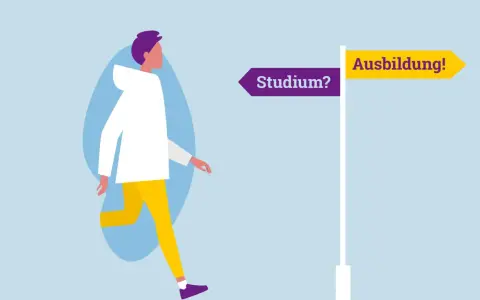Person steht vor Wegweiser: "Studium?" links, "Ausbildung!" rechts. Entscheidung zwischen Ausbildung vs Studium.