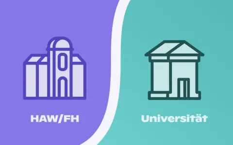 Grafik zeigt Gebäude für HAW/FH und Universität. Der Unterschied zwischen Hochschule und Uni wird visuell dargestellt.