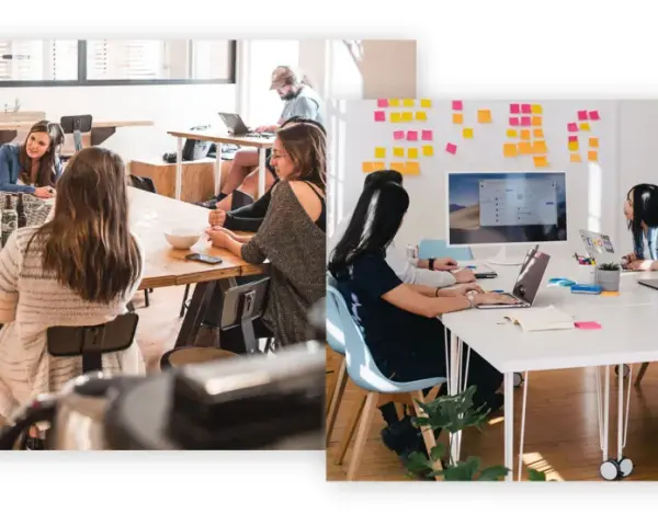 Menschen im **Kommunikationsdesign Studium** arbeiten in Teams an Projekten, tauschen Ideen aus und nutzen Laptops.