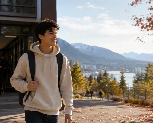 Ein junger Mann mit Rucksack verlässt ein Gebäude, im Hintergrund Berge und Stadt. Perfekt für sein Auslandsjahr Kanada.