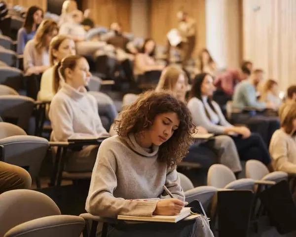 Junge Frau mit Locken schreibt konzentriert in ein Notizbuch, während sie an ihrem Erasmus Studium teilnimmt.