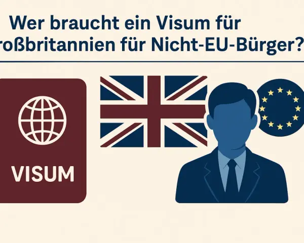 Visum für Großbritannien: Ein Nicht-EU-Bürger plant seinen Auslandsaufenthalt in England. Links ein Visum-Dokument, daneben die Union-Jack-Flagge und das EU-Symbol.