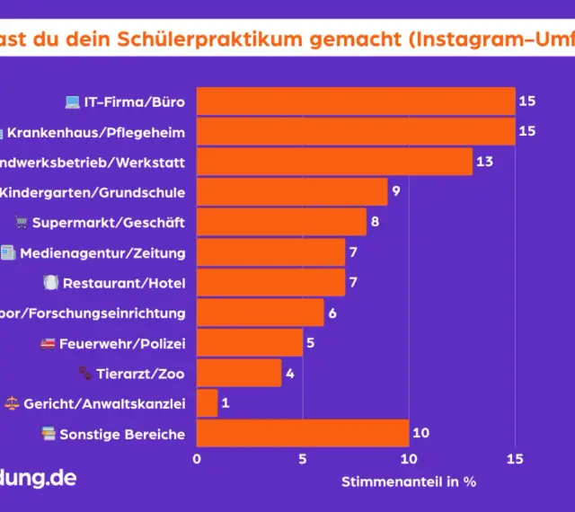 Balkendiagramm zeigt, wo Schüler Praktika machen: IT/Büro und Krankenhaus/Pflegeheim sind am beliebtesten.