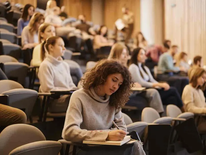 Junge Frau mit Locken schreibt konzentriert in ein Notizbuch, während sie an ihrem Erasmus Studium teilnimmt.