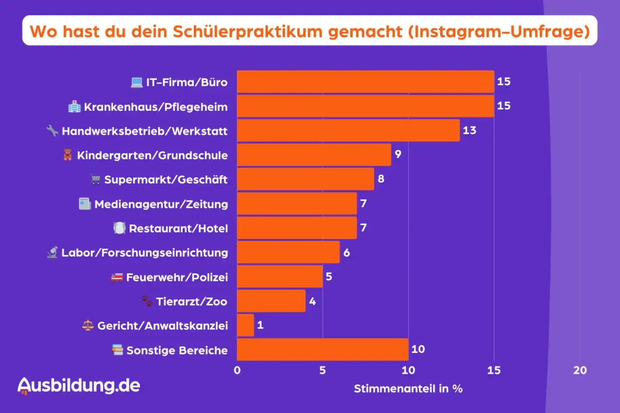 Wo kann man Praktikum machen 8. Klasse? Die Umfrage zeigt: IT/Büro und Krankenhaus sind beliebt.