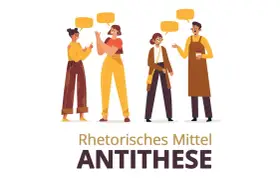 Vier Personen im Gespräch, die das rhetorische Stilmittel Antithese veranschaulichen.