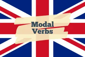 Die britische Flagge mit dem Text "Modal Verbs" auf einem hellgelben Band.