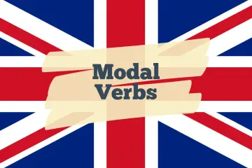Die britische Flagge mit dem Text "Modal Verbs" auf einem hellgelben Band.