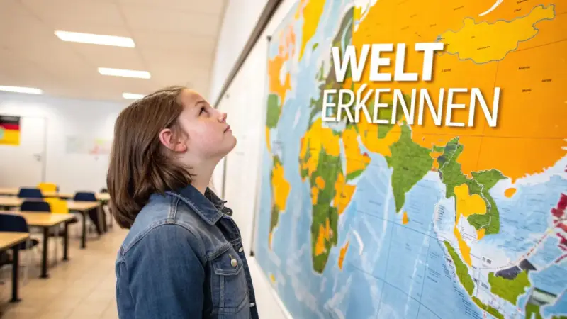 Ein Mädchen blickt auf eine Weltkarte mit der Aufschrift "Welt erkennen". Vielleicht plant sie ihren nächsten schuljahr im ausland.
