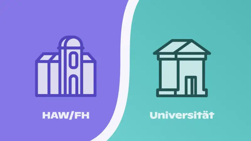 Grafik zeigt Gebäude für HAW/FH und Universität. Der Unterschied zwischen Hochschule und Uni wird visuell dargestellt.